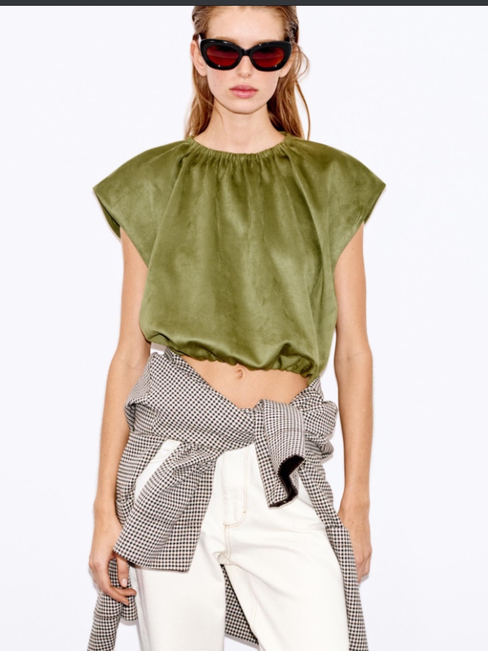 Zara Olive Green Faux Suede Gathered Hem Crop Top